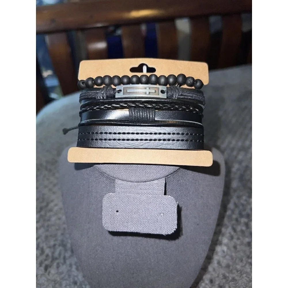 Black Leather Bracelet Woven Braided Bracelets Hemp Cords Wood Beads Set of 4